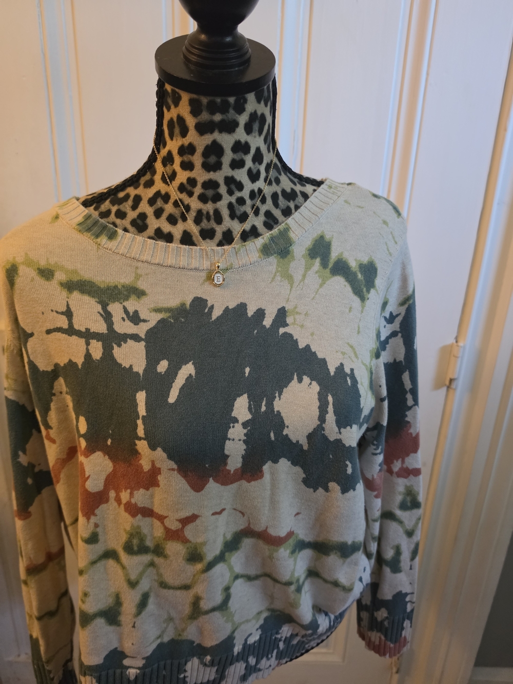 Tribal Tie-Dye Crewneck Sweater in Beige, Green & Rust